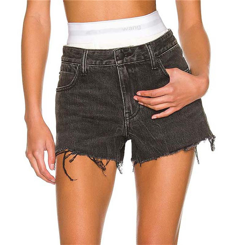 2022 spring new stitching washed denim trousers big-name women's fashion high waist slim letter embroidery stretch casual pants